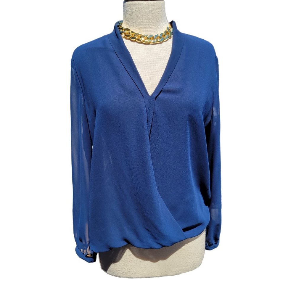 Max Studio Womans Navy V Neck Three Quarter Sleeve Tunic Blouse Pullover Medium